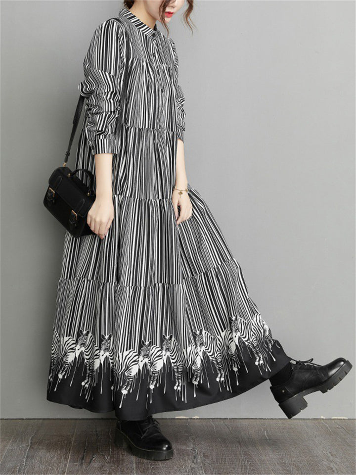 French Style Stripe Zebra Print Long Dress