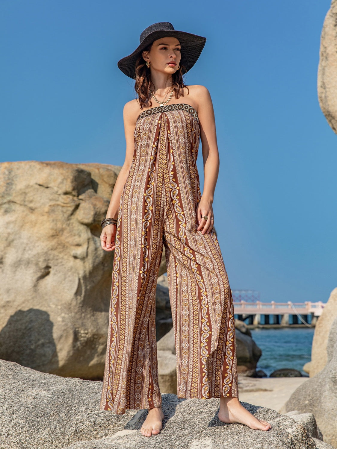 Ivyshape | Tied Printed Tube Wide Leg Jumpsuit