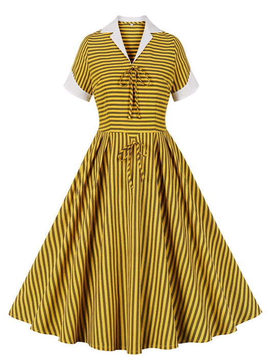 Yellow Bow Striped Swing Dress