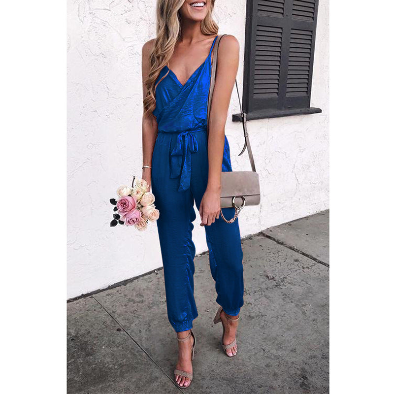 Women Elegant Jumpsuit with Adjustable Belt and Delicate V-Neck Ivyshape