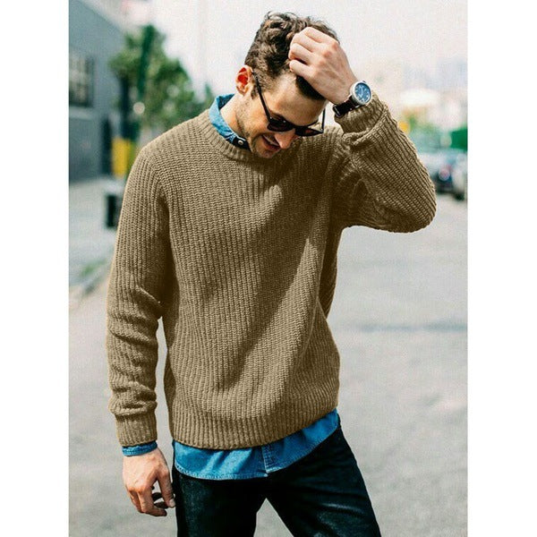 Men's chunky knit round neck sweater with casual fit Ivyshape