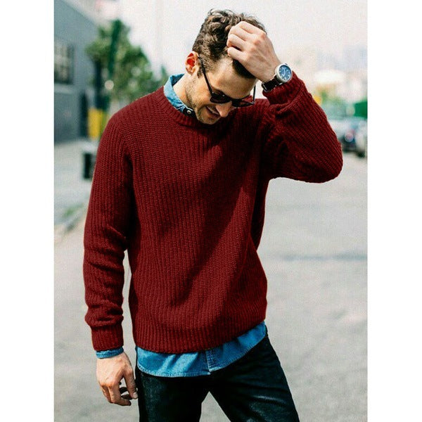 Men's chunky knit round neck sweater with casual fit Ivyshape