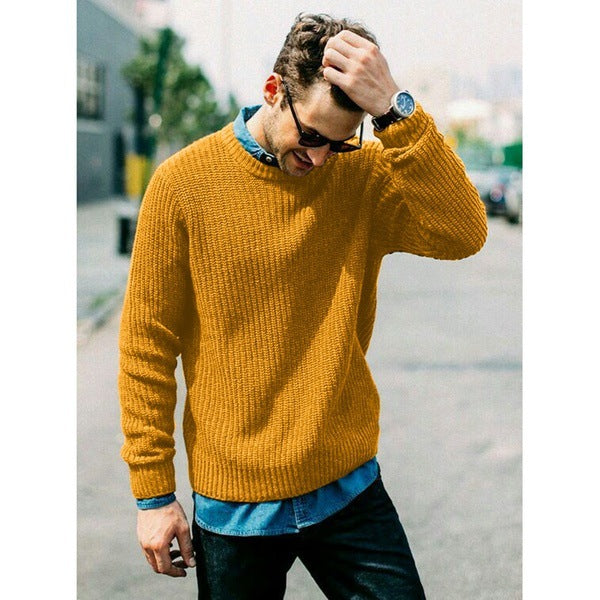 Men's chunky knit round neck sweater with casual fit Ivyshape