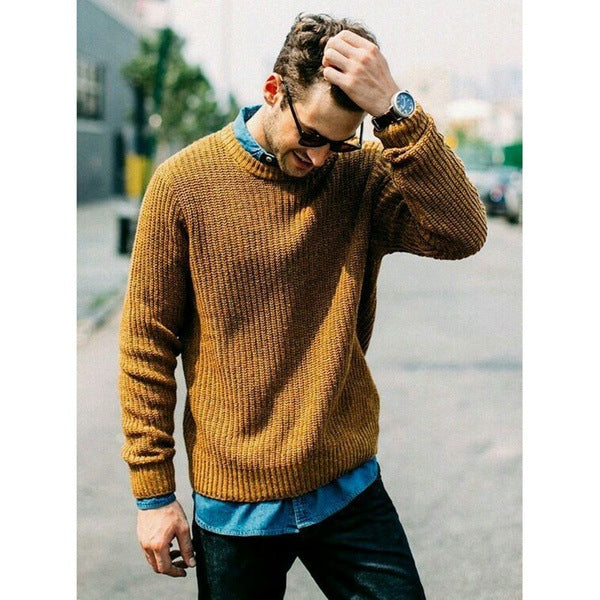 Men's chunky knit round neck sweater with casual fit Ivyshape
