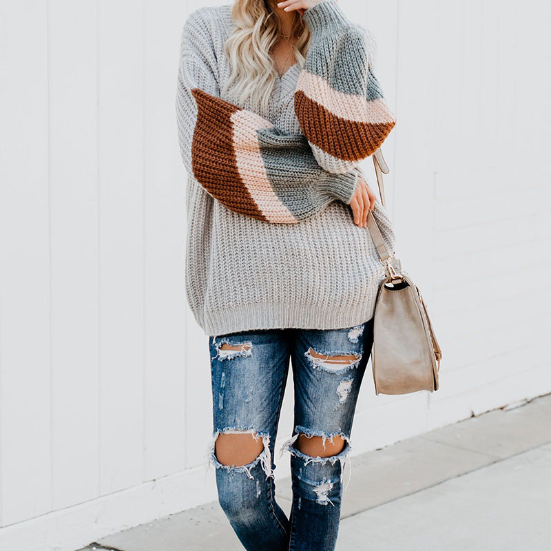 Women elegant V-neck knitted sweater with contrasting sleeves Ivyshape