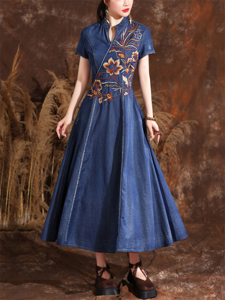 Retro Flower Embroidery Female V Neck Denim Pleated Dress