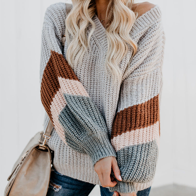 Women elegant V-neck knitted sweater with contrasting sleeves Ivyshape