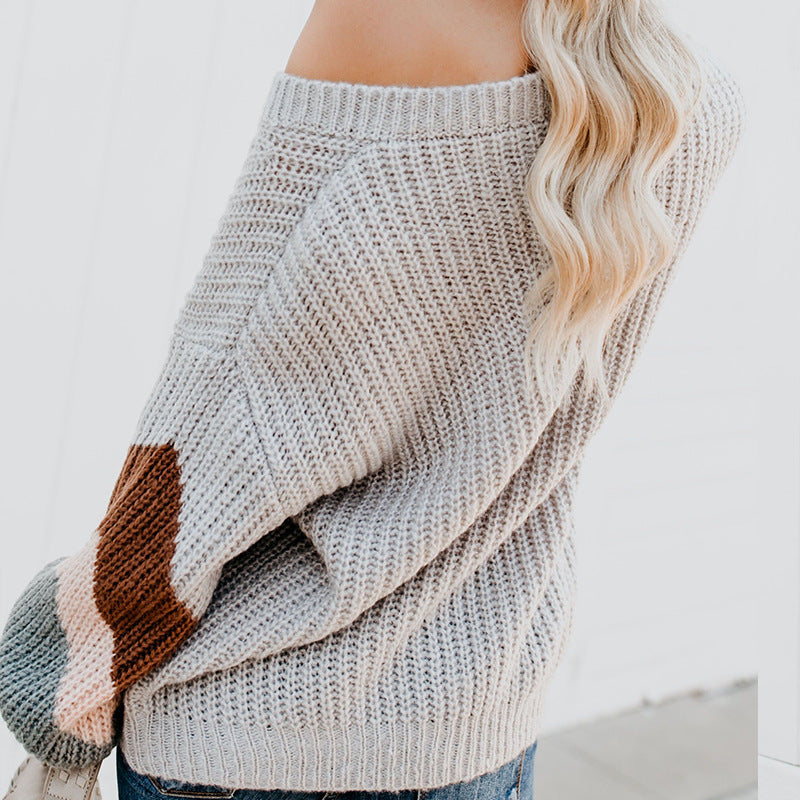 Women elegant V-neck knitted sweater with contrasting sleeves Ivyshape
