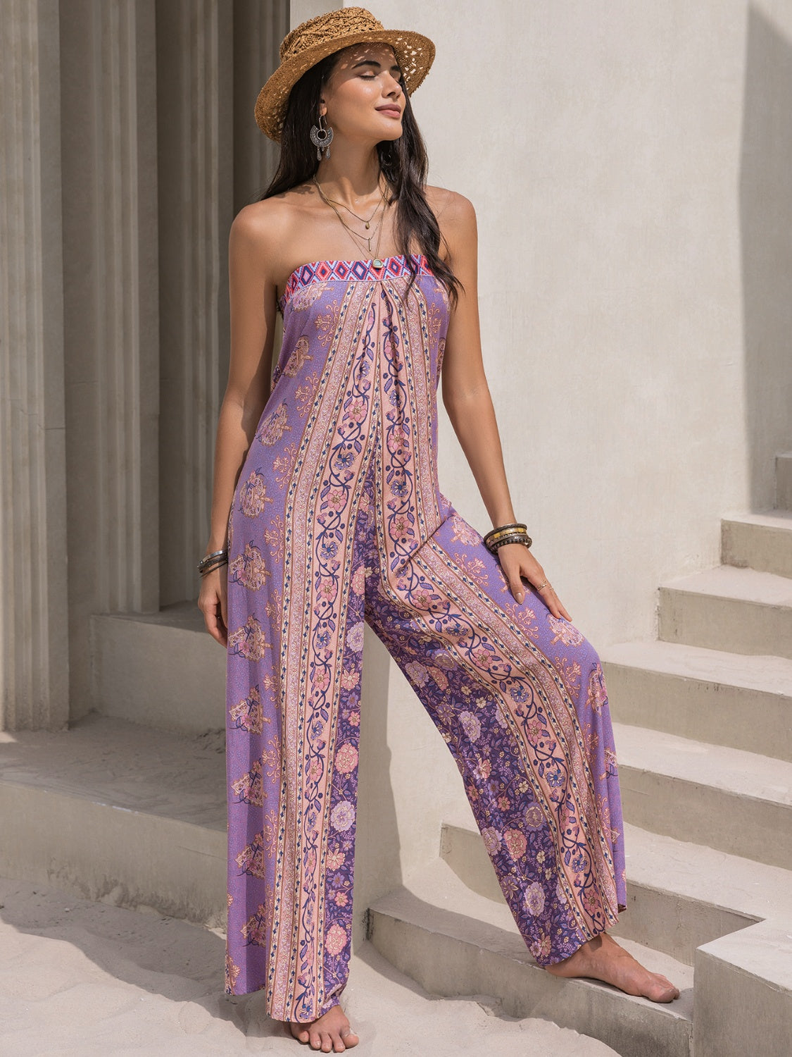 Ivyshape | Tied Printed Tube Wide Leg Jumpsuit