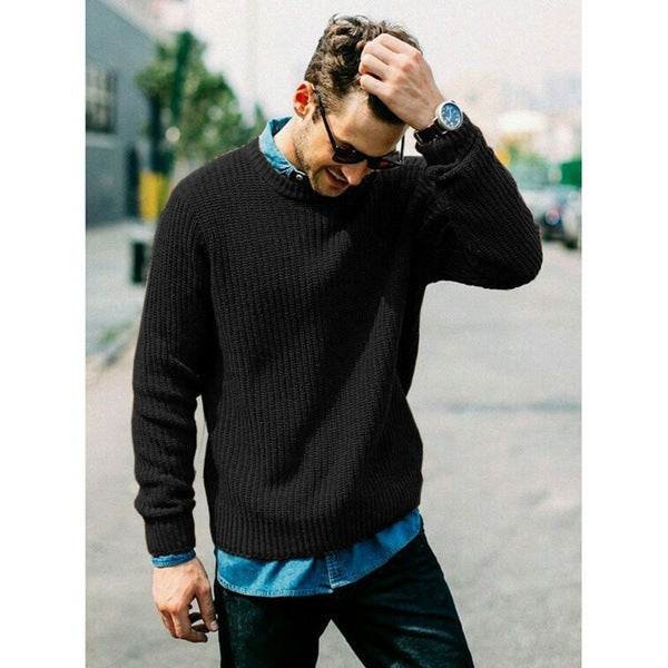 Men's chunky knit round neck sweater with casual fit Ivyshape