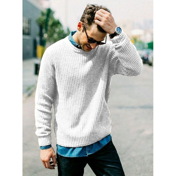 Men's chunky knit round neck sweater with casual fit Ivyshape