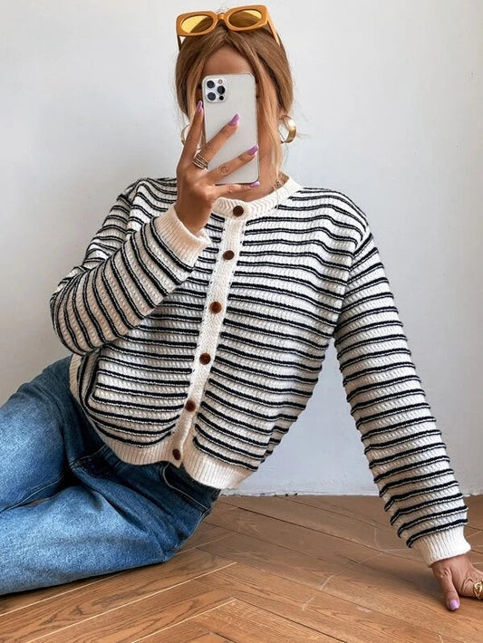 Ivyshape | Striped Cardigan with Buttons