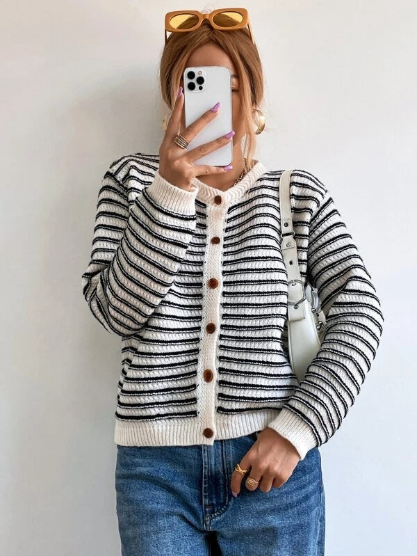 Ivyshape | Striped Cardigan with Buttons