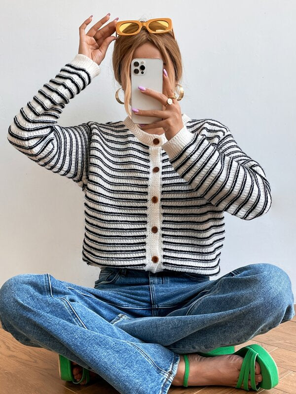 Ivyshape | Striped Cardigan with Buttons