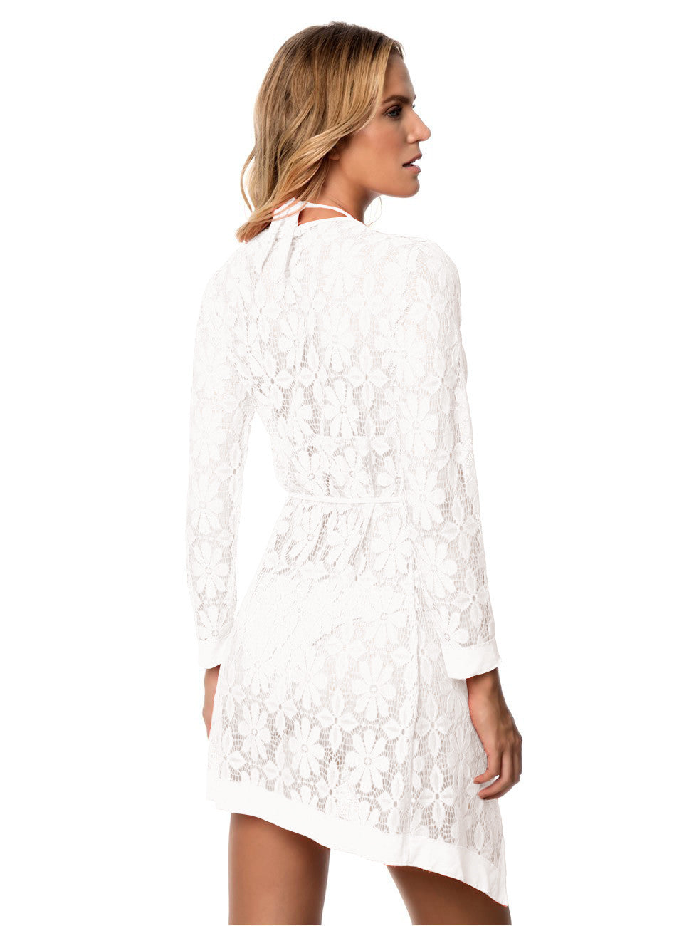 Women Lace Overlay Dress with Waist Belt and Long Sleeves Ivyshape