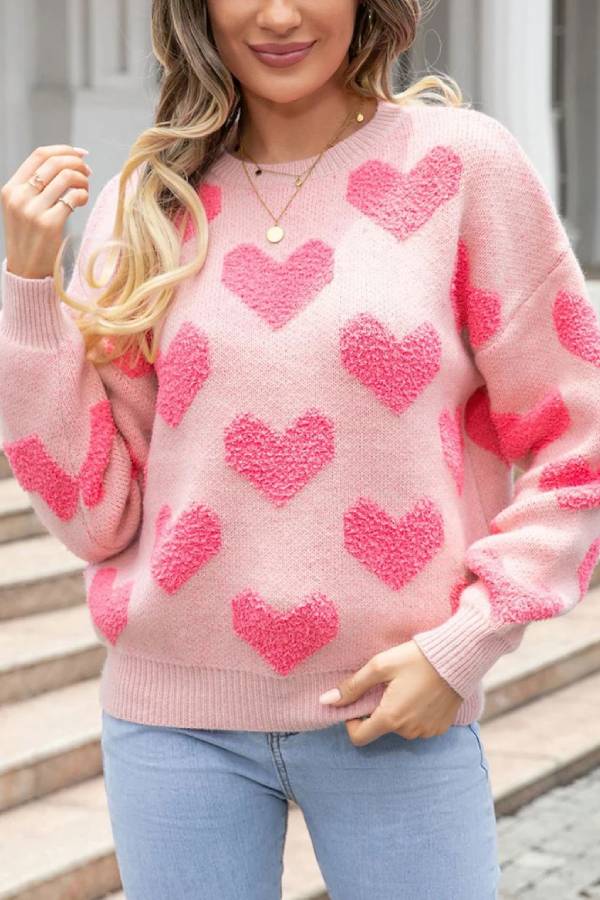 Ivyshape | Pink Valentines Day Heart Jacquard Knit Sweater