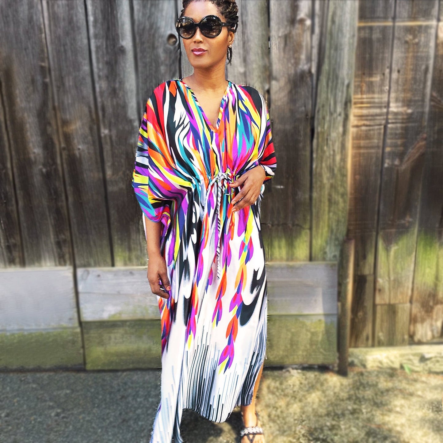 Women's beach kaftan with colorful, asymmetrical design and deep V-neck Ivyshape