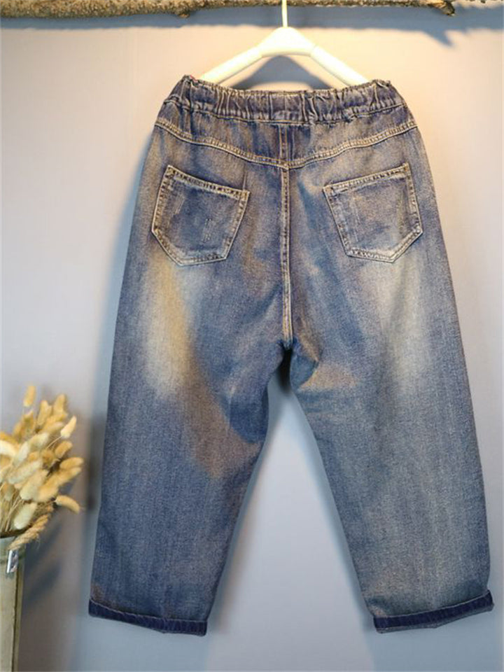 Vintage Floral Ripped Elastic Waist Blue Jeans for Lady