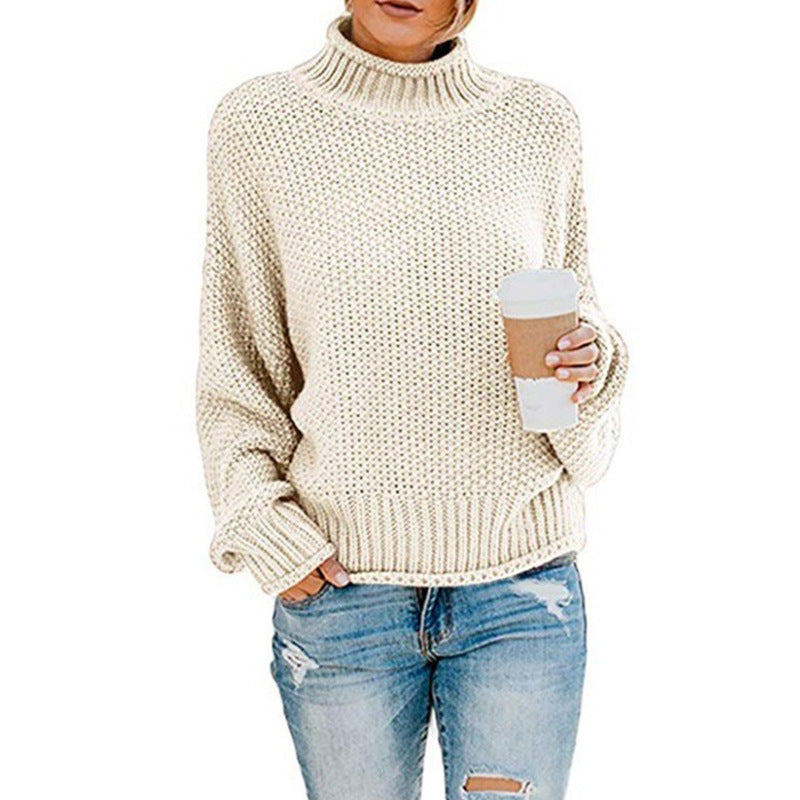 Women Oversized Knitted Sweater with High Collar and Textured Pattern Ivyshape