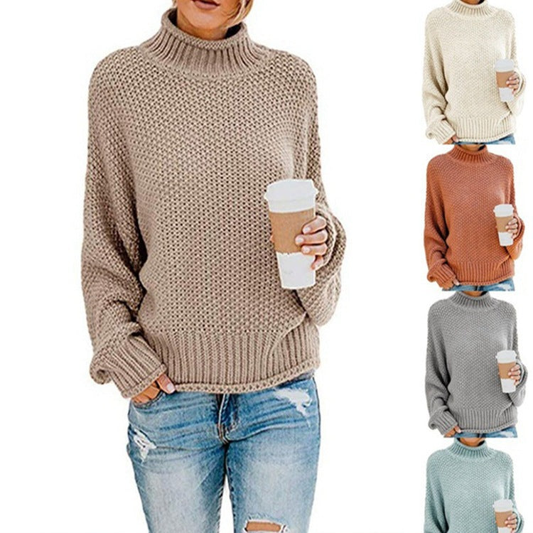 Women Oversized Knitted Sweater with High Collar and Textured Pattern Ivyshape