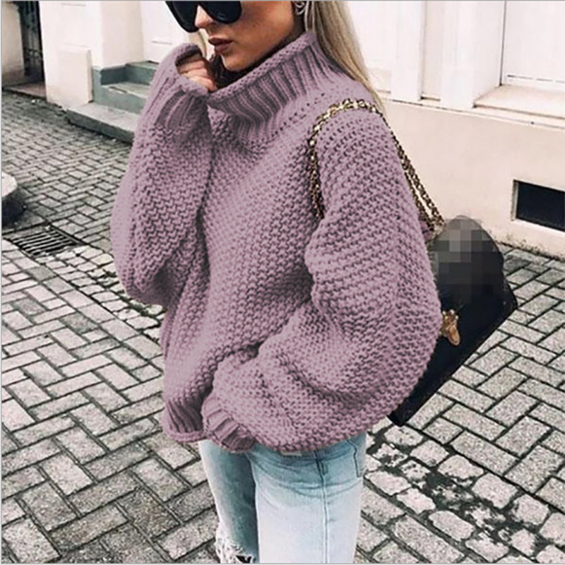 Women's chunky knit sweater with high collar and casual fit Ivyshape