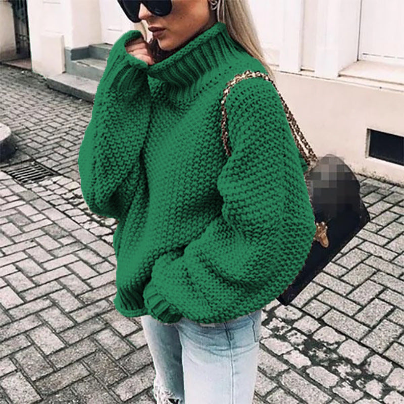 Women Oversized Knitted Sweater with High Collar and Textured Pattern Ivyshape