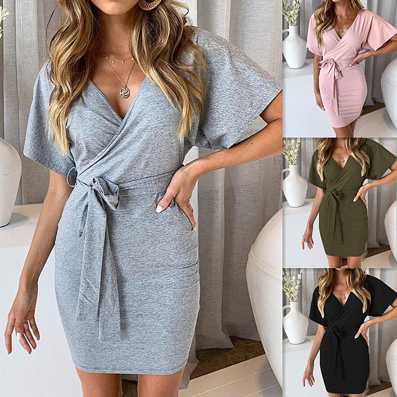 Women's wrap dress with fashionable waist belt and deep V-neck Ivyshape