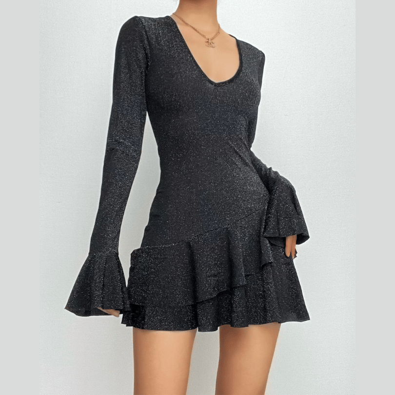 Textured v neck ruffle irregular long flared sleeve mini dress