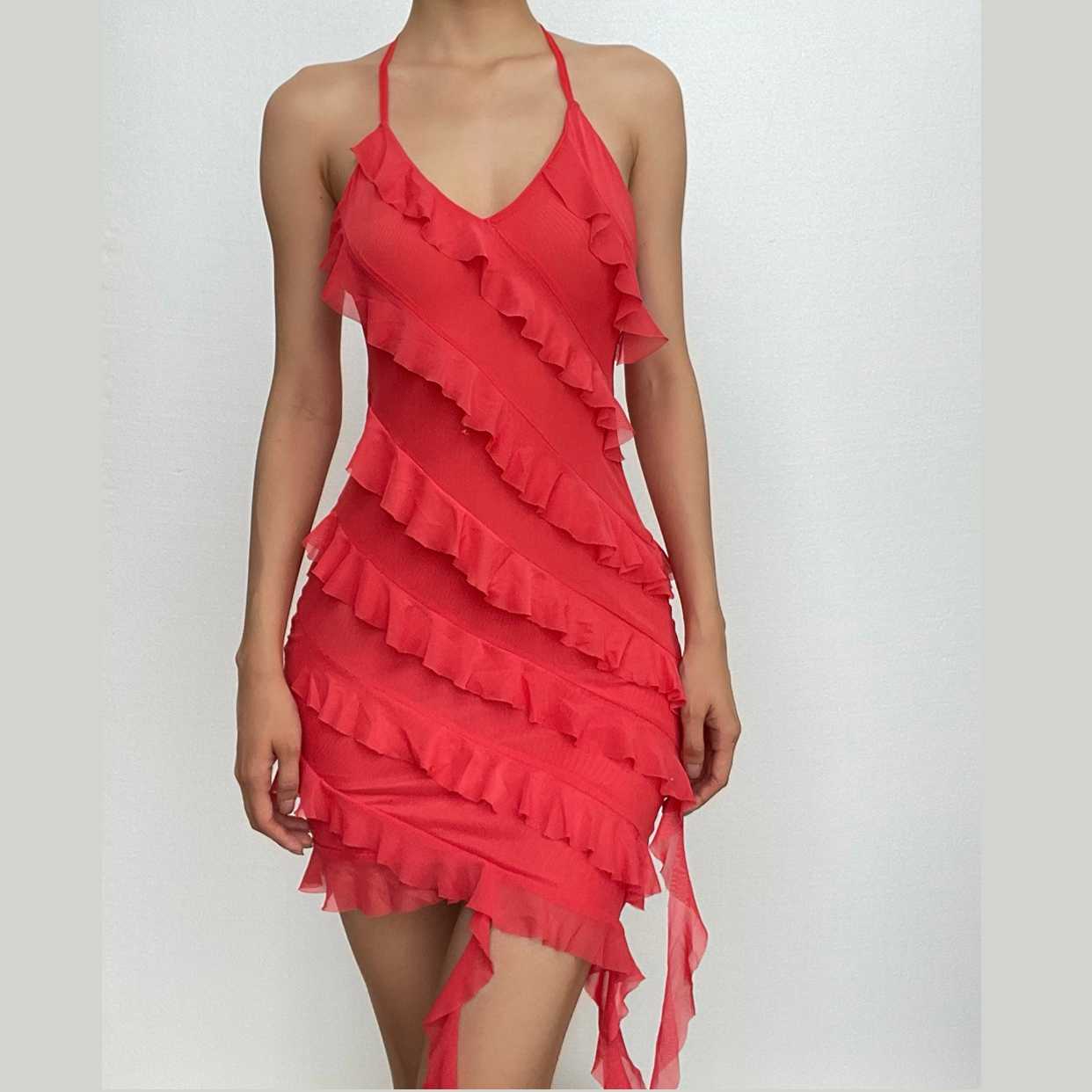 Ruffle irregular halter ribbon backless mini dress