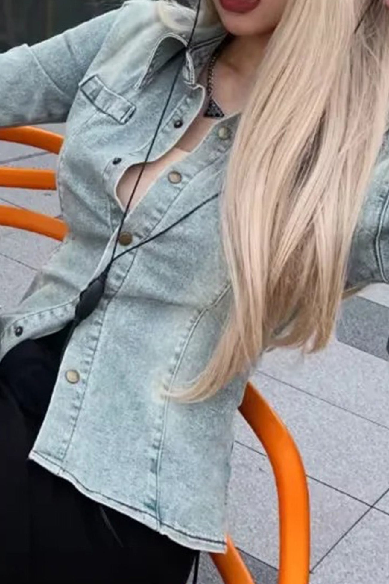 Single-breasted Bell Sleeve Denim Blouse