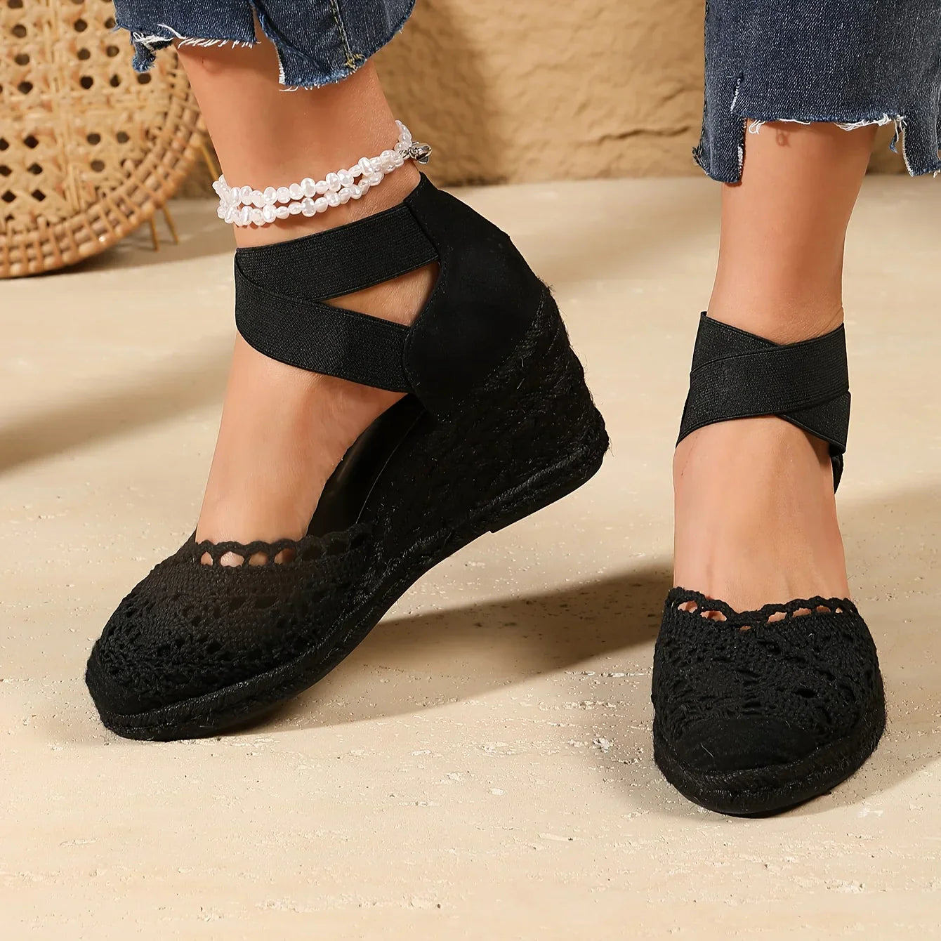 Ivyshape | Elegant Wedge Sandals with Crochet Tip