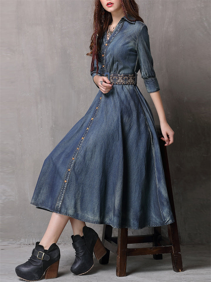 Women's Retro Washed Denim Blue Pleated Dress with Belt