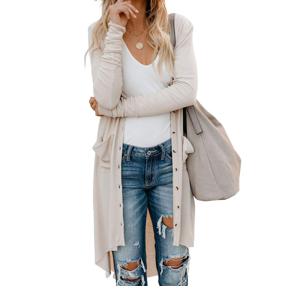 Ladies long cardigan with button details and practical pockets Ivyshape