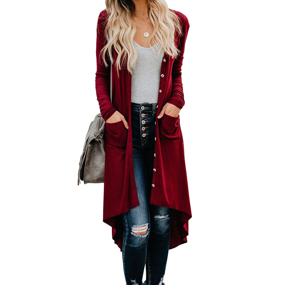 Ladies long cardigan with button details and practical pockets Ivyshape