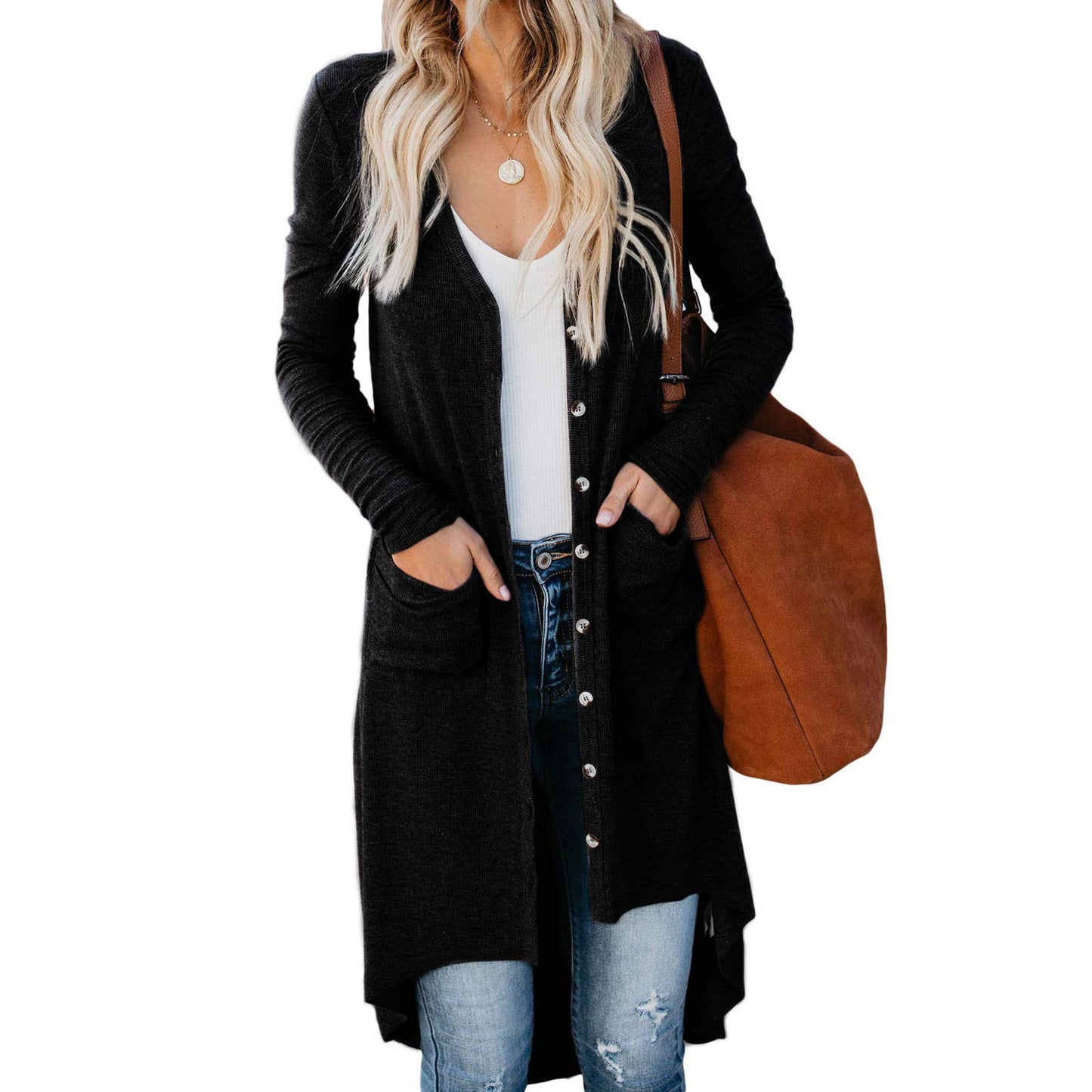 Ladies long cardigan with button details and practical pockets Ivyshape