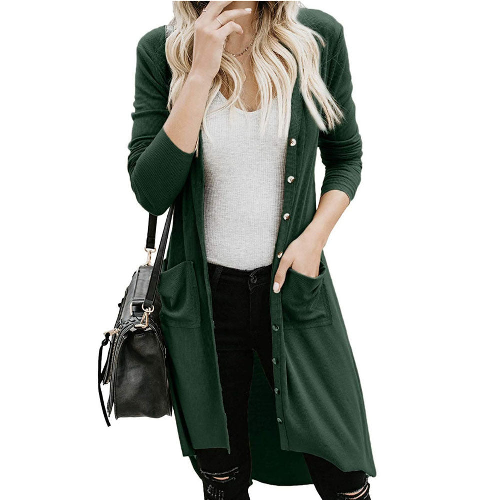 Ladies long cardigan with button details and practical pockets Ivyshape