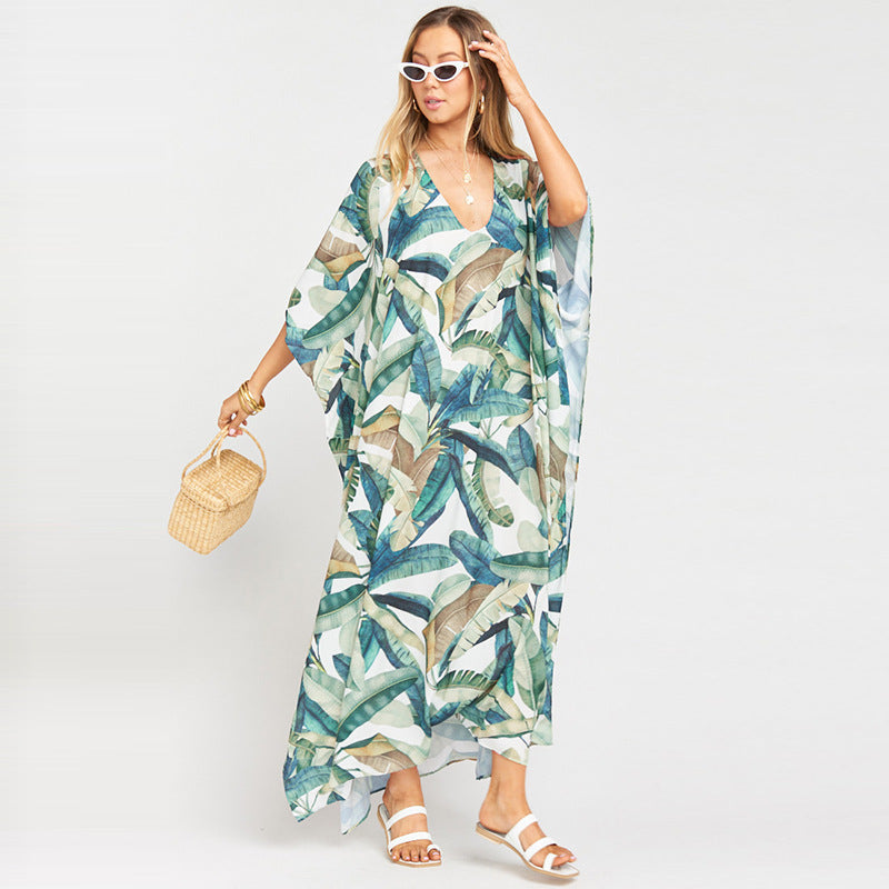 Women's kaftan with exotic plant pattern and lightweight chiffon fabric Ivyshape