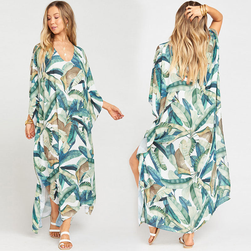 Women's kaftan with exotic plant pattern and lightweight chiffon fabric Ivyshape