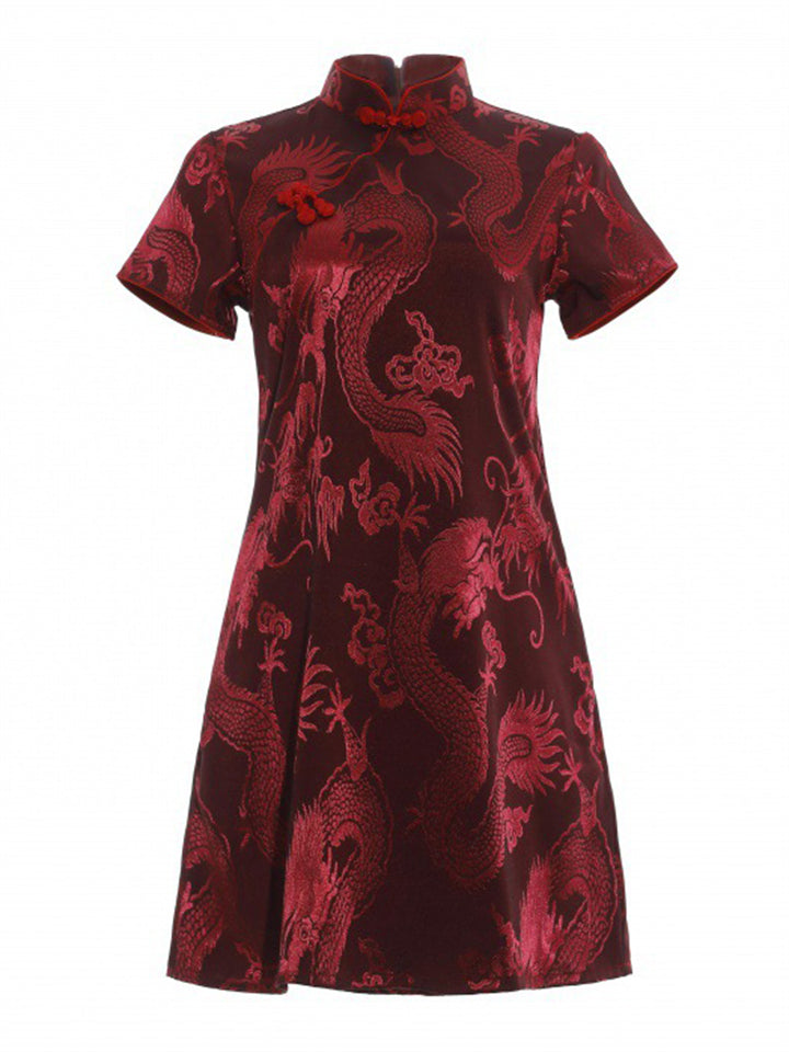 Wine Red Mini Qipao with Ancient Loong Jacquard