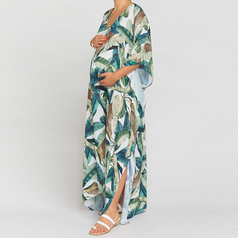 Women's kaftan with exotic plant pattern and lightweight chiffon fabric Ivyshape