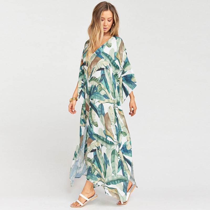 Women's kaftan with exotic plant pattern and lightweight chiffon fabric Ivyshape