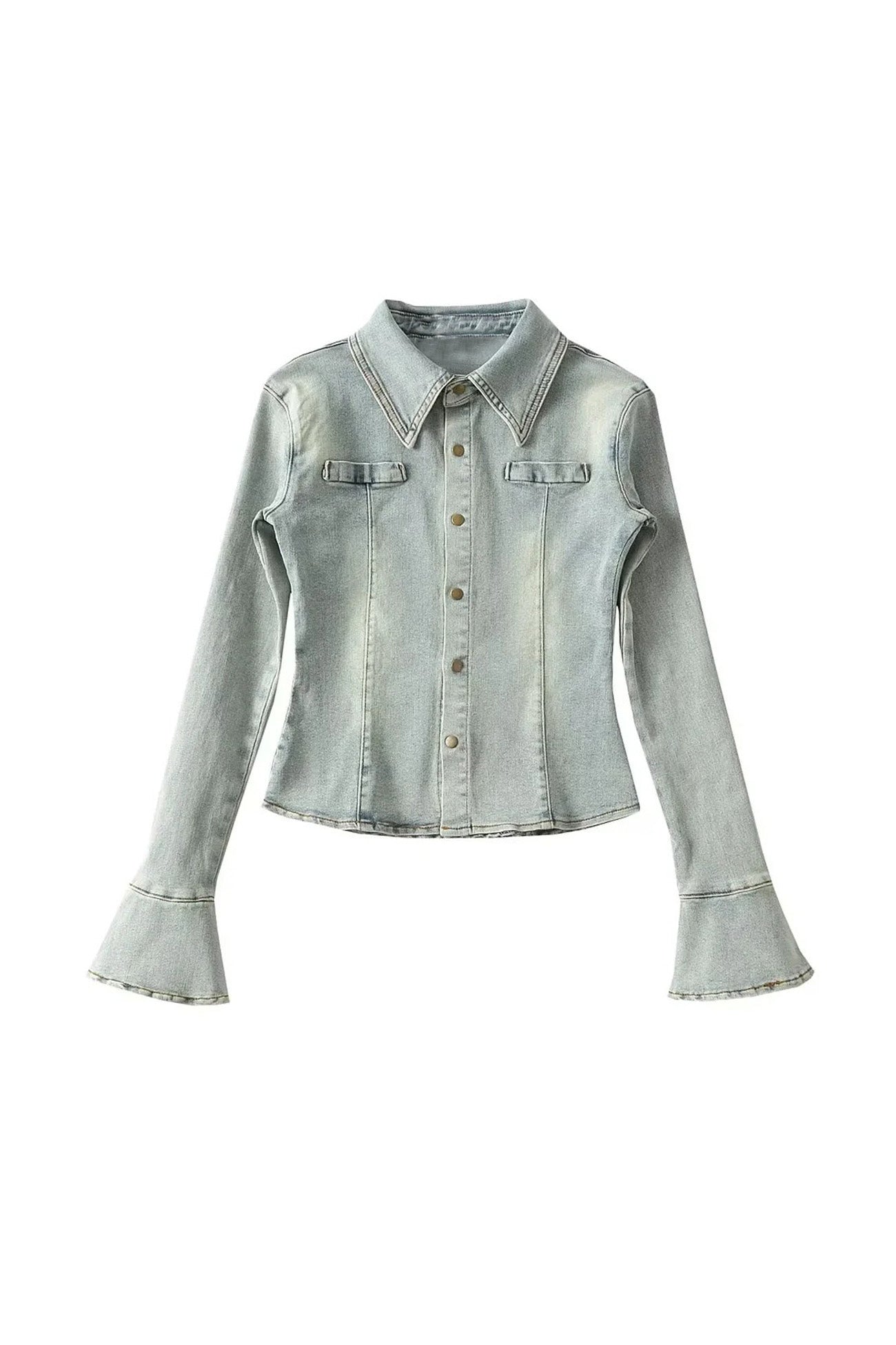 Single-breasted Bell Sleeve Denim Blouse