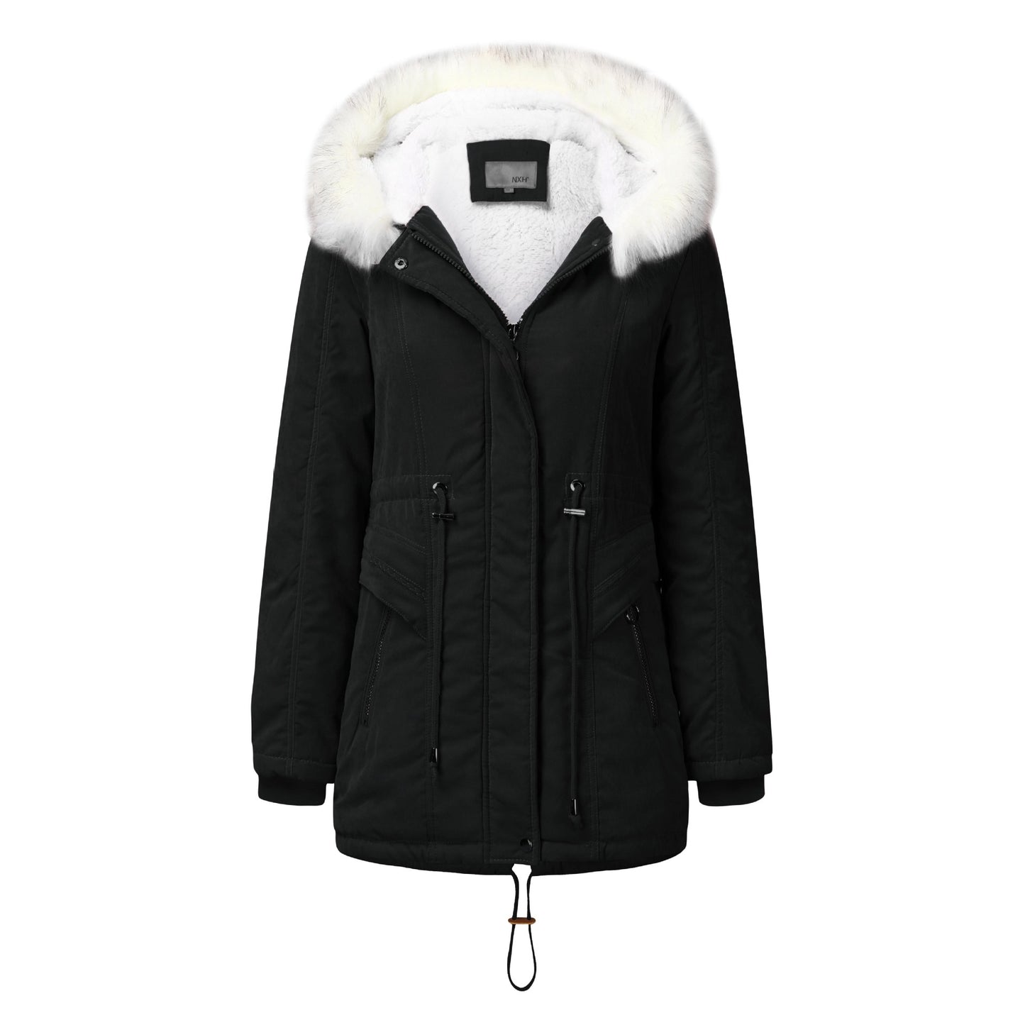 Women's fashionable winter parka with removable faux fur collar and adjustable drawstring waist Ivyshape
