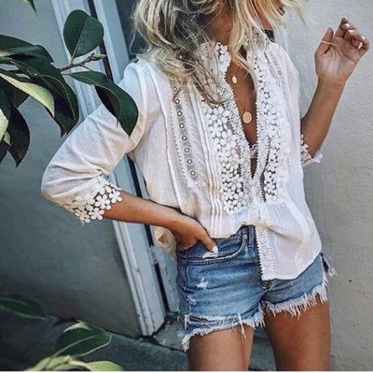 Solid Color Cotton Lace Patchwork Blouses Tops