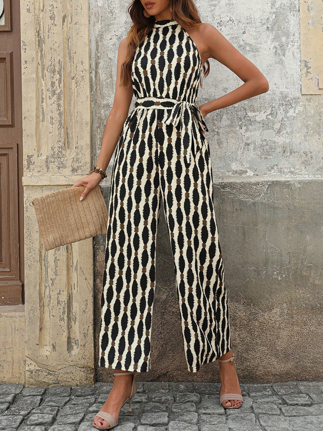 Ivyshape | Tied Printed Grecian Neck Jumpsuit