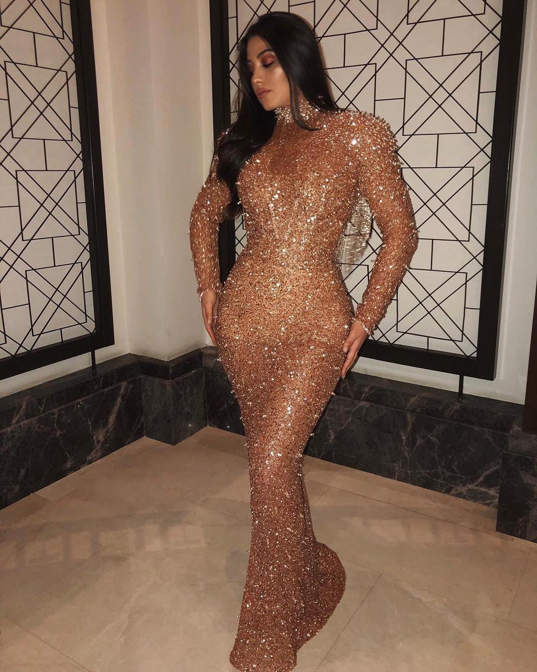 IvyShape | Long Sleeve Backless Golden Shimmer Dress