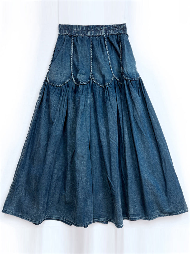 Summer Vintage Style Splicing Elastic Waist Blue Denim Skirt