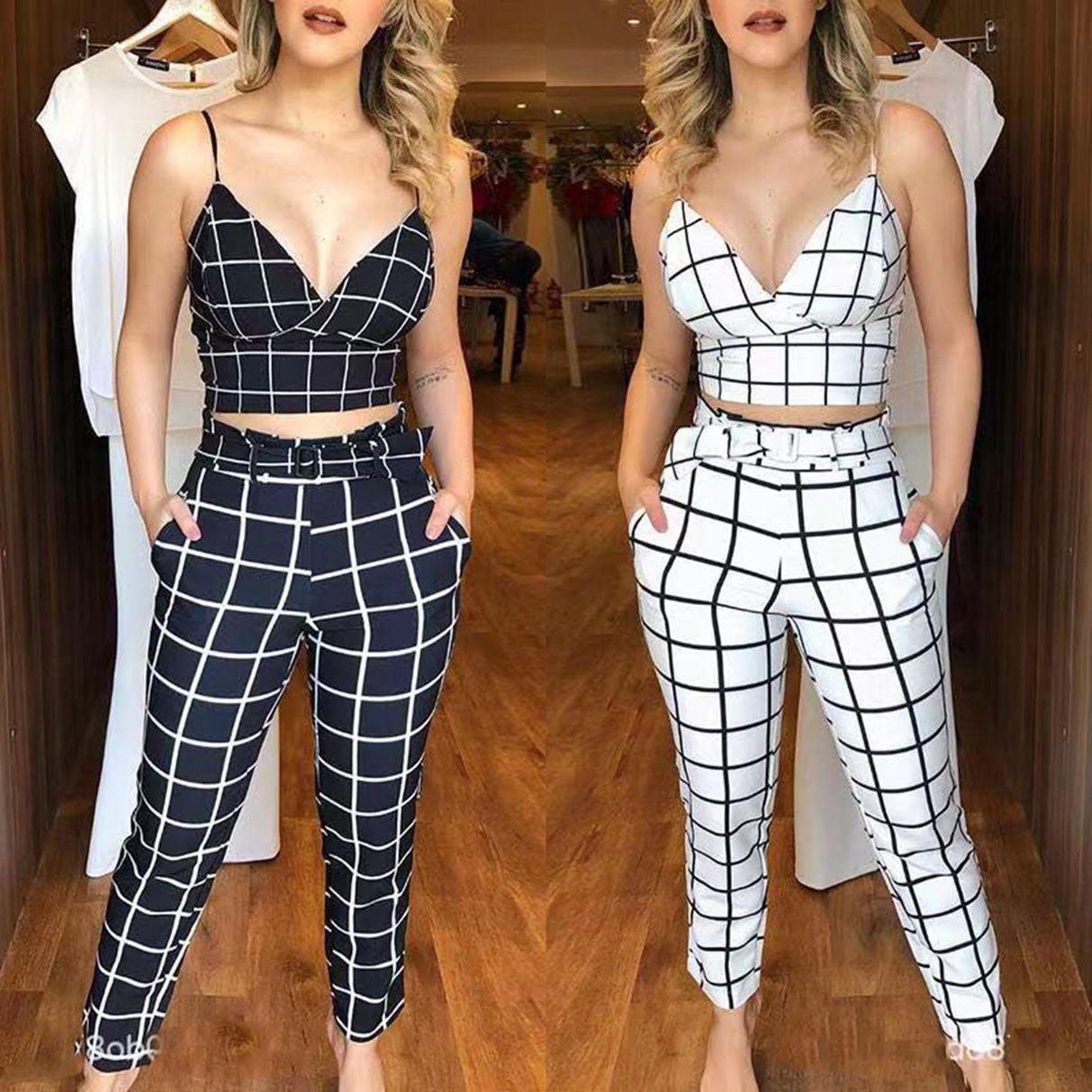 IvyShape | Printed Sexy Camisole Deep V Crop Top & Plaid Pants Set