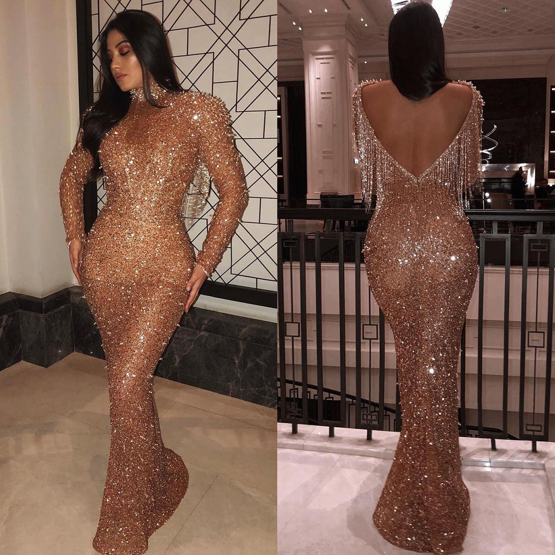 IvyShape | Long Sleeve Backless Golden Shimmer Dress