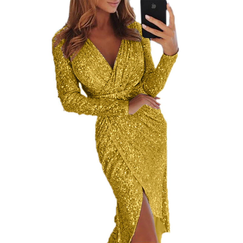 Ladies glamorous wrap dress made of sequins with deep V-neck and side slit Ivyshape